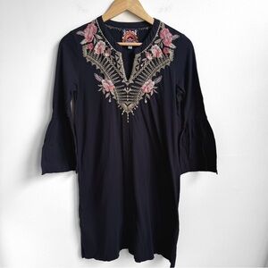 Johnny Was Embroidered Tunic Dress XS Black Floral Bell Sleeve Cotton Boho NWOT
